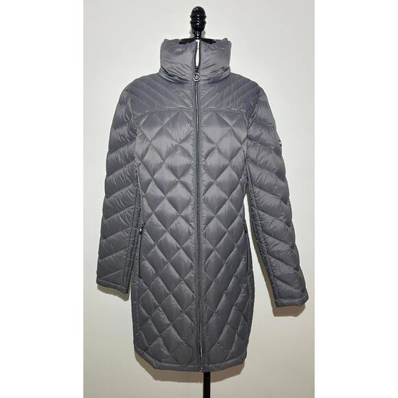 MICHAEL KORS Gray Packable Down Fill Long Jacket Coat Pockets ZIp Womens L - Picture 1 of 8